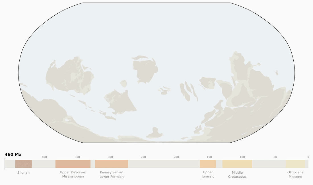 Animated world map running from 460 million years ago to the present, with petroleum provinces appearing as their source rocks form.